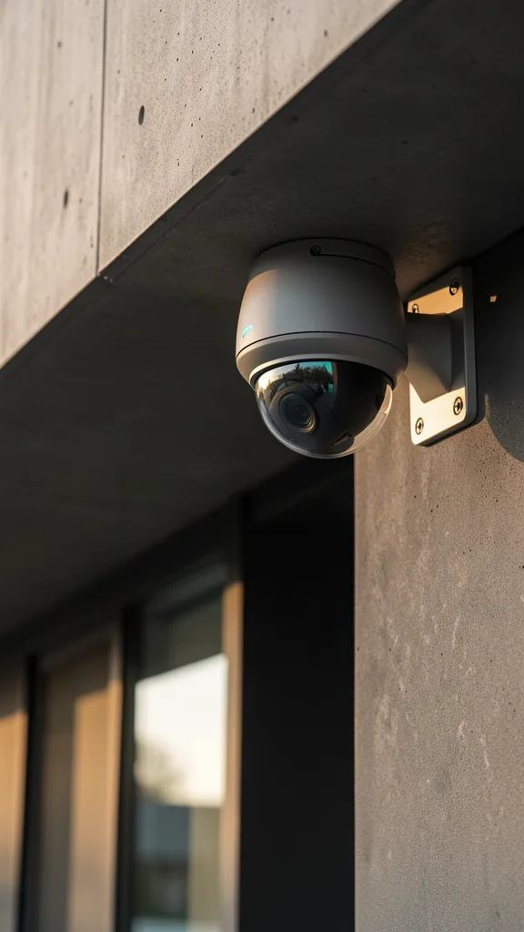 Cámara de seguridad IP de referencia en el exterior de un edificio