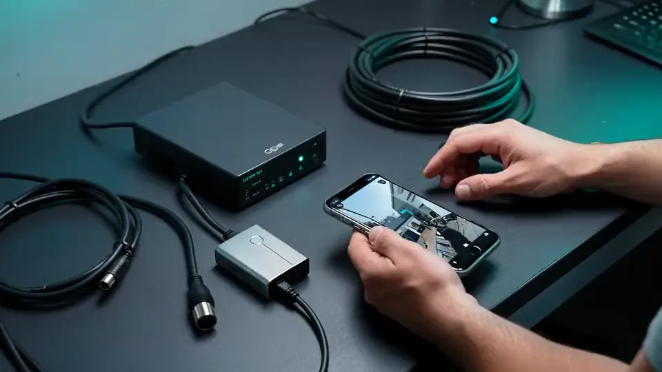 Grabador de video, cables y un celular mostrando las cámaras en vivo (imagen de referencia)